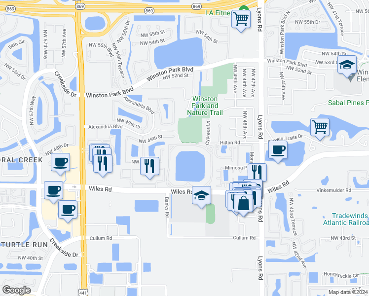 map of restaurants, bars, coffee shops, grocery stores, and more near 5031 Wiles Road in Coconut Creek