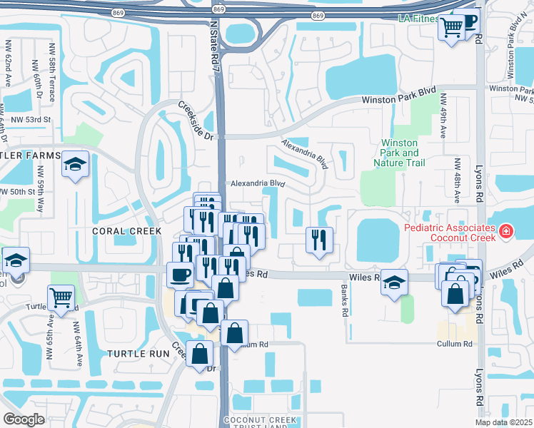 map of restaurants, bars, coffee shops, grocery stores, and more near 4839 Northwest 55th Drive in Coconut Creek