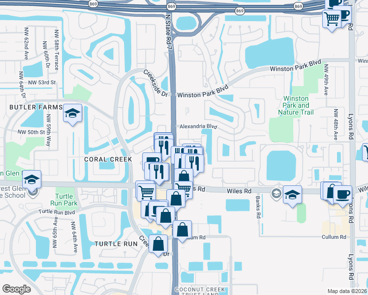 map of restaurants, bars, coffee shops, grocery stores, and more near 4804 Florida 7 in Coral Springs