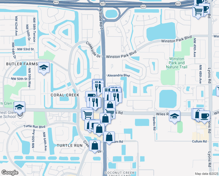 map of restaurants, bars, coffee shops, grocery stores, and more near 4804 Florida 7 in Coral Springs