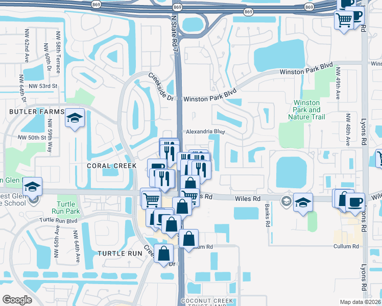 map of restaurants, bars, coffee shops, grocery stores, and more near 4804 Florida 7 in Coral Springs