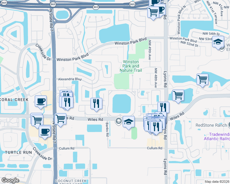 map of restaurants, bars, coffee shops, grocery stores, and more near 5031 Wiles Road in Coconut Creek