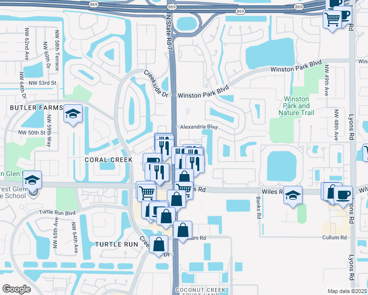 map of restaurants, bars, coffee shops, grocery stores, and more near 4804 Florida 7 in Coral Springs