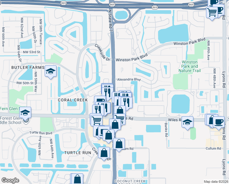map of restaurants, bars, coffee shops, grocery stores, and more near 4808 Highway 7 in Coconut Creek