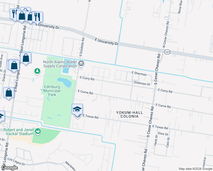 map of restaurants, bars, coffee shops, grocery stores, and more near 529-531 East Curry Road in Edinburg
