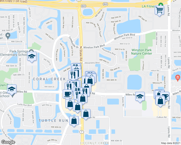 map of restaurants, bars, coffee shops, grocery stores, and more near 4804 Florida 7 in Coral Springs