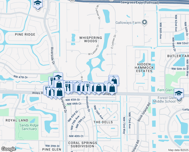 map of restaurants, bars, coffee shops, grocery stores, and more near 7724 Northwest 47th Drive in Coral Springs