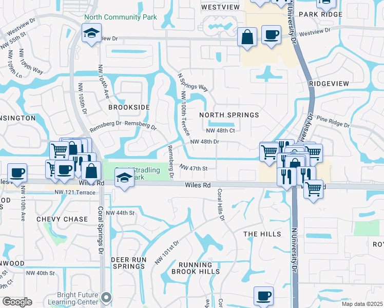 map of restaurants, bars, coffee shops, grocery stores, and more near 4712 Northwest 100th Terrace in Coral Springs