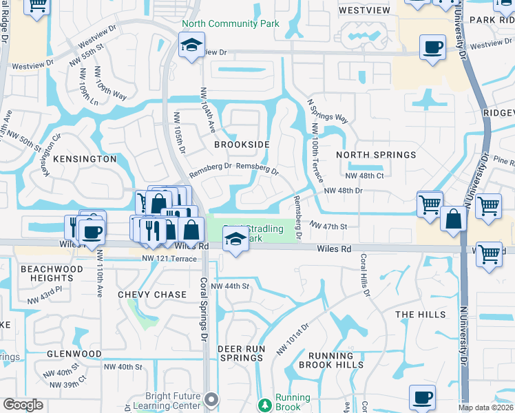 map of restaurants, bars, coffee shops, grocery stores, and more near 10320 Northwest 48th Court in Coral Springs