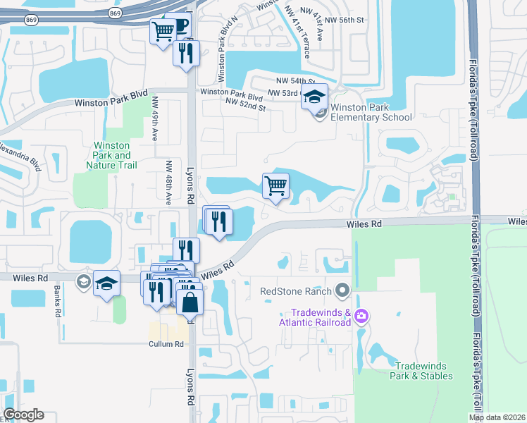 map of restaurants, bars, coffee shops, grocery stores, and more near 4601 Little Palm Lane in Coconut Creek
