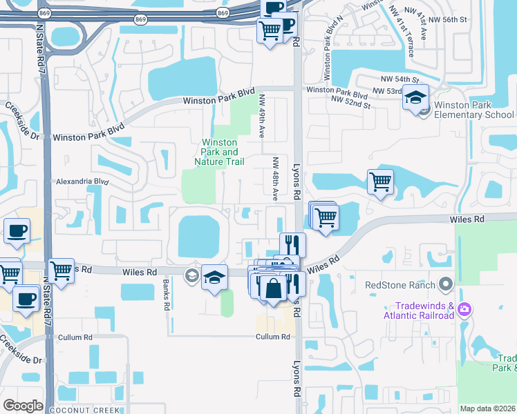 map of restaurants, bars, coffee shops, grocery stores, and more near 4770 Sierra Lane in Coconut Creek