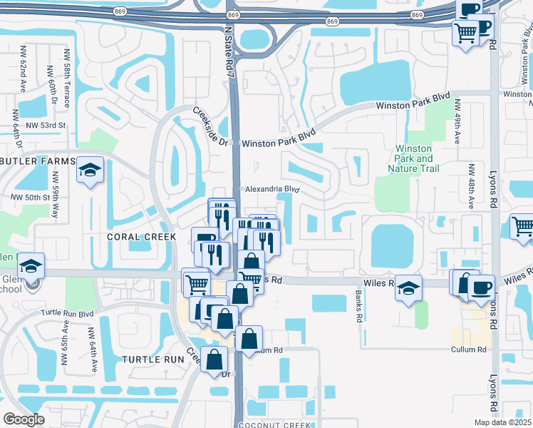 map of restaurants, bars, coffee shops, grocery stores, and more near 4804 Florida 7 in Coral Springs