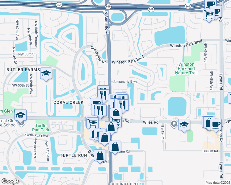 map of restaurants, bars, coffee shops, grocery stores, and more near 4804 Florida 7 in Coral Springs