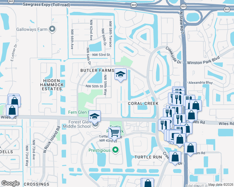 map of restaurants, bars, coffee shops, grocery stores, and more near 4829 Northwest 58th Avenue in Coral Springs