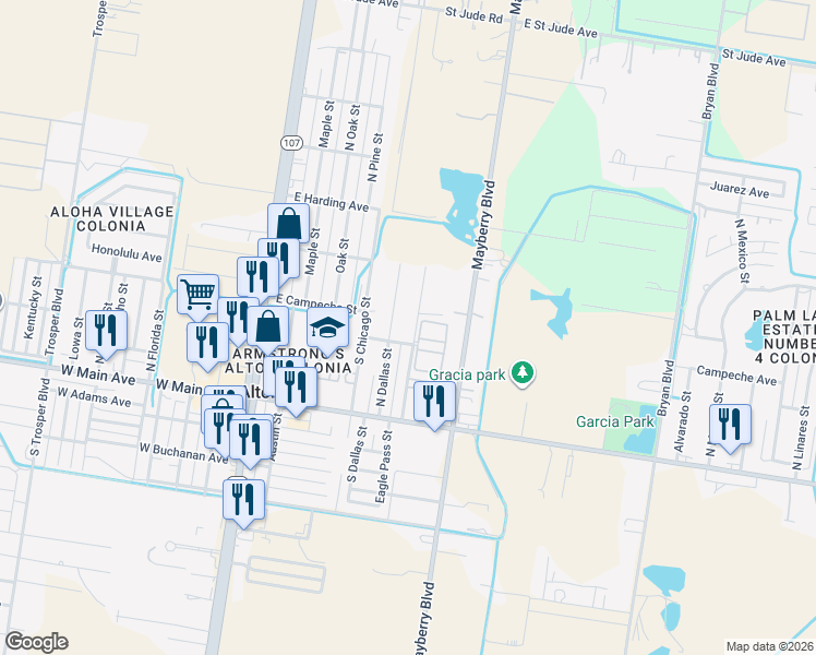 map of restaurants, bars, coffee shops, grocery stores, and more near 308 North Eagle Pass Street in Mission