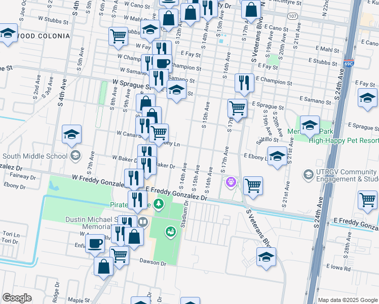 map of restaurants, bars, coffee shops, grocery stores, and more near 1208 South 14th Avenue in Edinburg