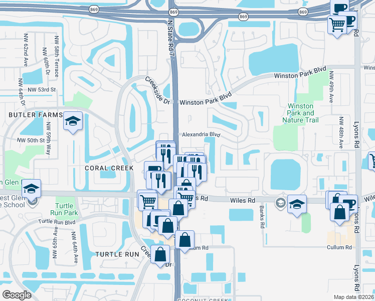 map of restaurants, bars, coffee shops, grocery stores, and more near 4804 Florida 7 in Coral Springs