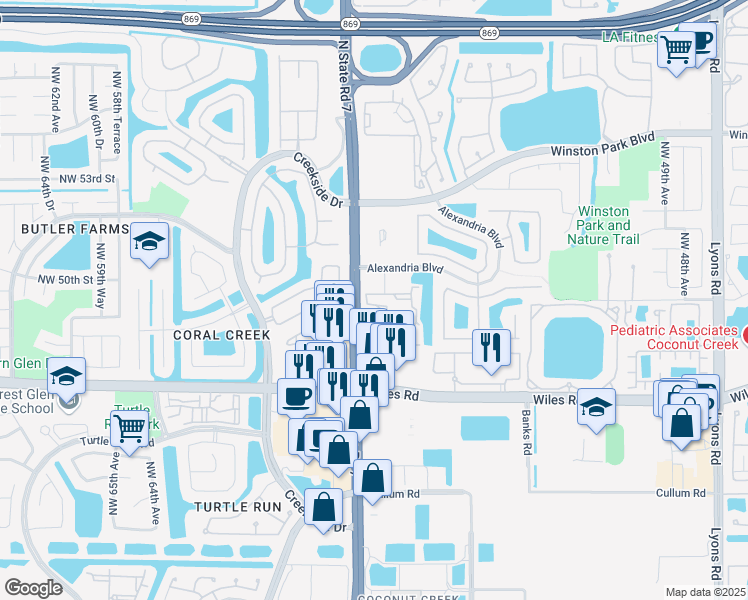 map of restaurants, bars, coffee shops, grocery stores, and more near 4804 Florida 7 in Coral Springs