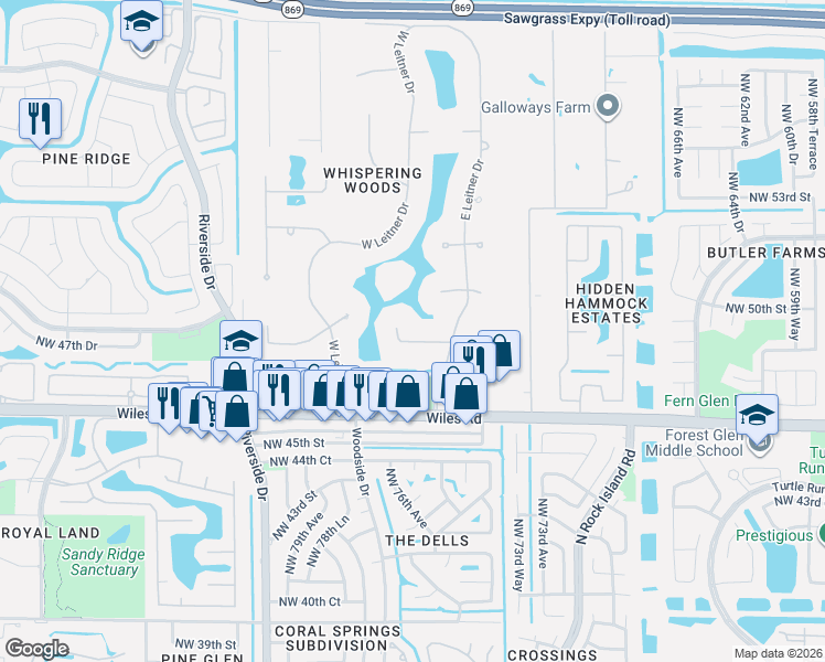 map of restaurants, bars, coffee shops, grocery stores, and more near 7650 Northwest 47th Drive in Coral Springs