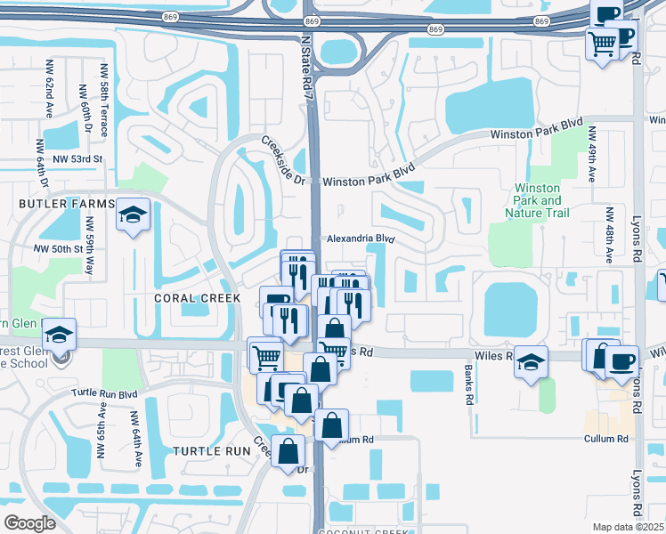 map of restaurants, bars, coffee shops, grocery stores, and more near 4804 Florida 7 in Coral Springs