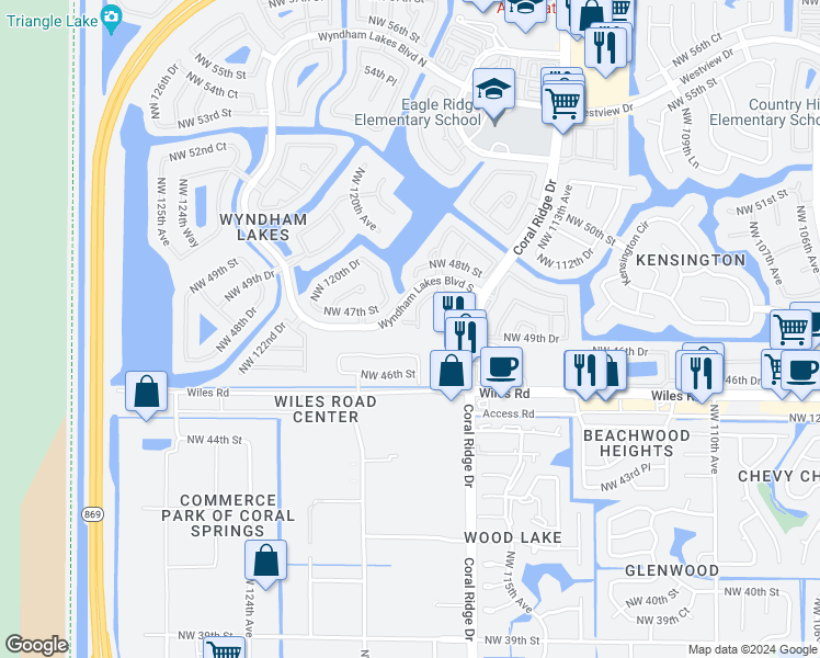map of restaurants, bars, coffee shops, grocery stores, and more near 11754 Northwest 47th Drive in Coral Springs