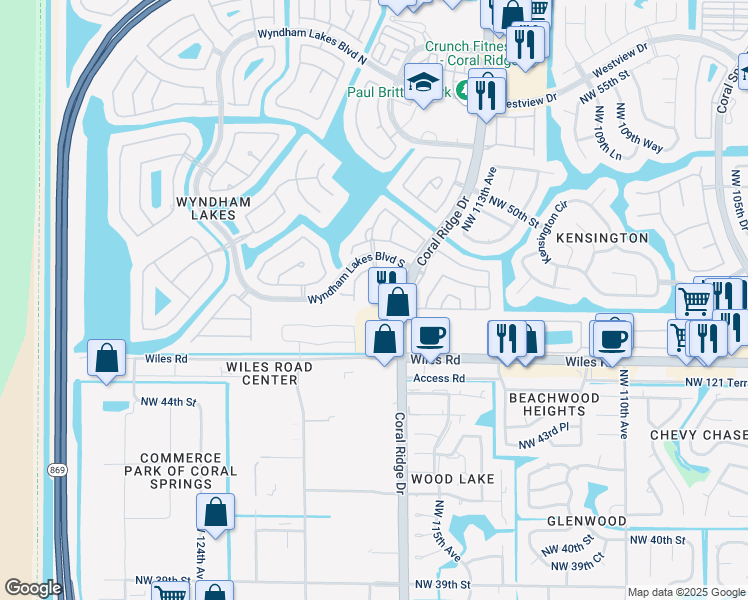 map of restaurants, bars, coffee shops, grocery stores, and more near 4674 Coral Ridge Drive in Coral Springs