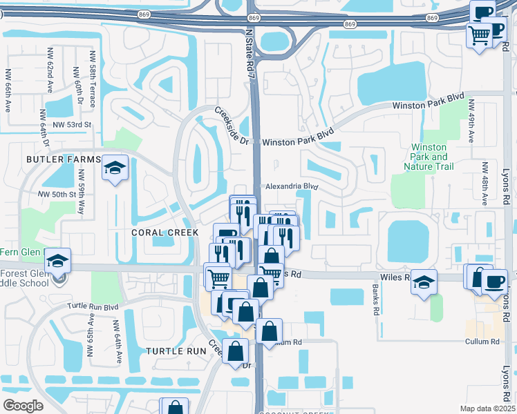 map of restaurants, bars, coffee shops, grocery stores, and more near 5762 Northwest 48th Drive in Coral Springs
