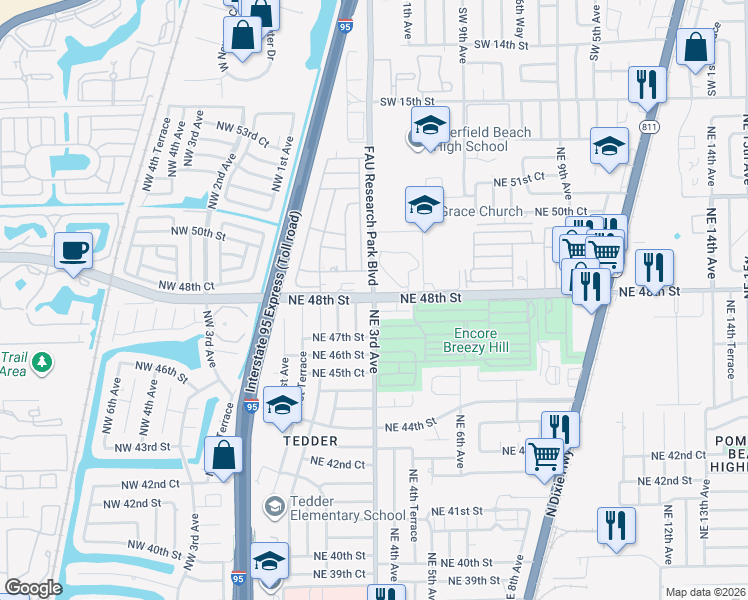 map of restaurants, bars, coffee shops, grocery stores, and more near 5010 Northeast 3rd Avenue in Pompano Beach