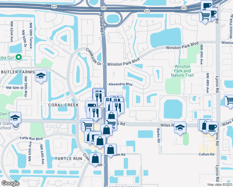 map of restaurants, bars, coffee shops, grocery stores, and more near 4804 Florida 7 in Coral Springs