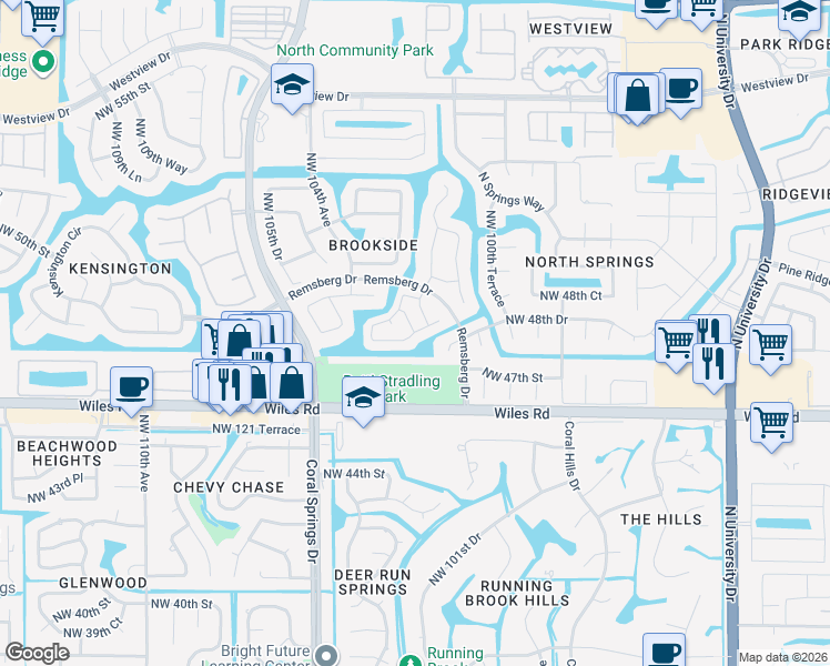 map of restaurants, bars, coffee shops, grocery stores, and more near 10233 Northwest 48th Court in Coral Springs