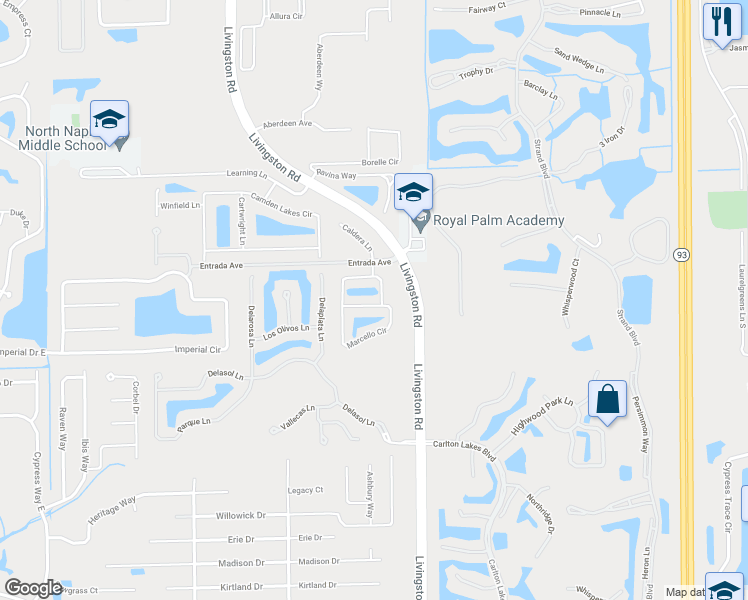map of restaurants, bars, coffee shops, grocery stores, and more near 15986 Marcello Circle in Naples