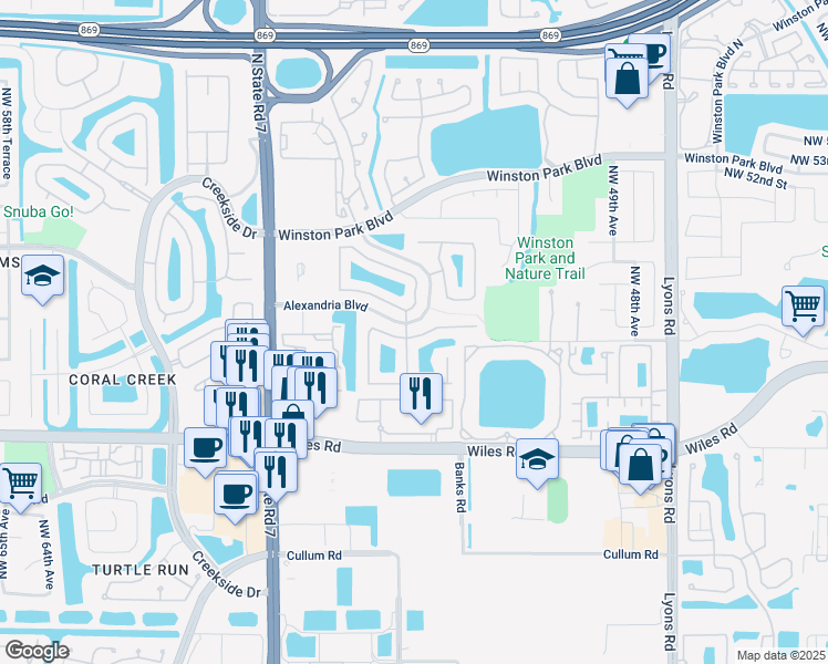 map of restaurants, bars, coffee shops, grocery stores, and more near 5355 Northwest 49th Street in Coconut Creek