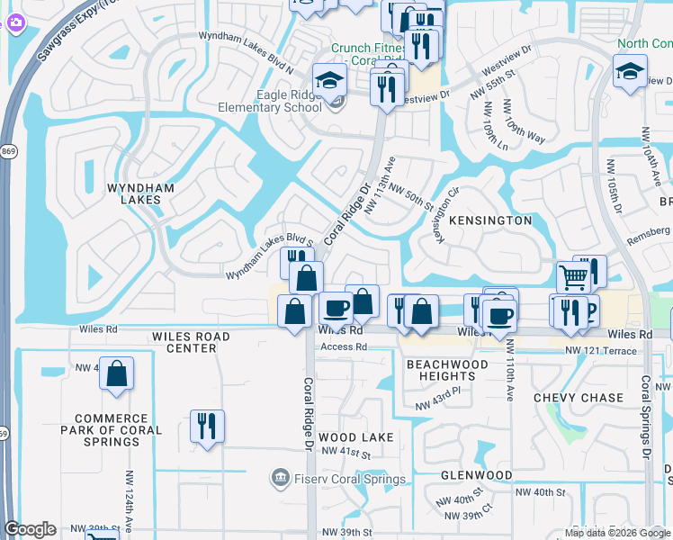 map of restaurants, bars, coffee shops, grocery stores, and more near 4801 Northwest 115th Avenue in Tamarac