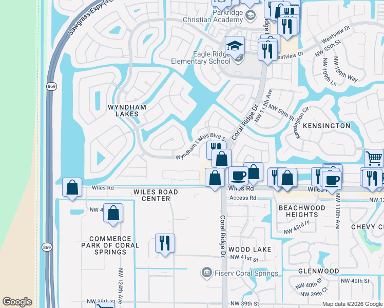 map of restaurants, bars, coffee shops, grocery stores, and more near 11719 Northwest 47th Drive in Coral Springs