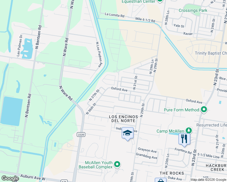 map of restaurants, bars, coffee shops, grocery stores, and more near 3305 Ozark Avenue in McAllen