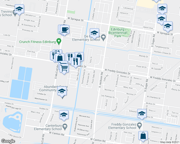 map of restaurants, bars, coffee shops, grocery stores, and more near 1610 South Harvest Drive in Edinburg
