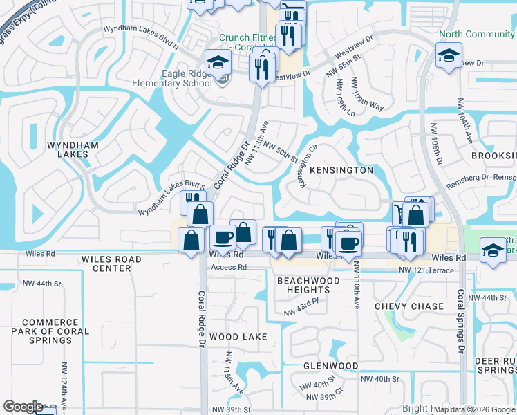map of restaurants, bars, coffee shops, grocery stores, and more near 11412 Northwest 48th Court in Coral Springs