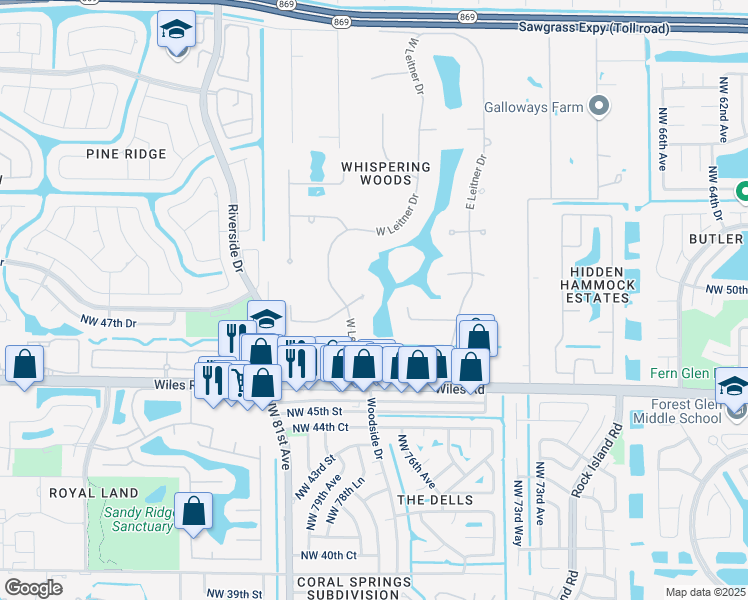 map of restaurants, bars, coffee shops, grocery stores, and more near 8033 Northwest 47th Drive in Coral Springs