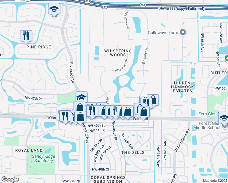 map of restaurants, bars, coffee shops, grocery stores, and more near 8033 Northwest 47th Drive in Coral Springs