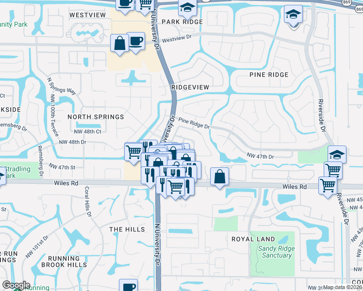 map of restaurants, bars, coffee shops, grocery stores, and more near 4877 Northwest 92nd Terrace in Coral Springs