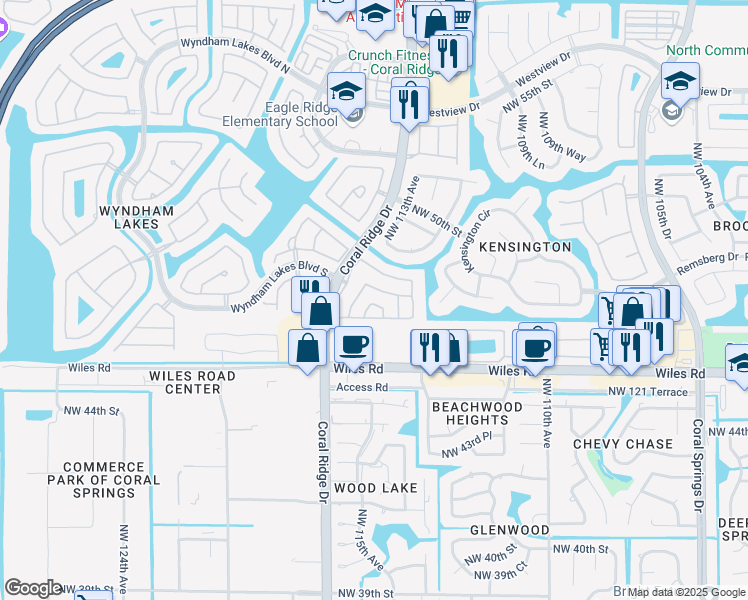 map of restaurants, bars, coffee shops, grocery stores, and more near 4745 Northwest 114th Drive in Coral Springs