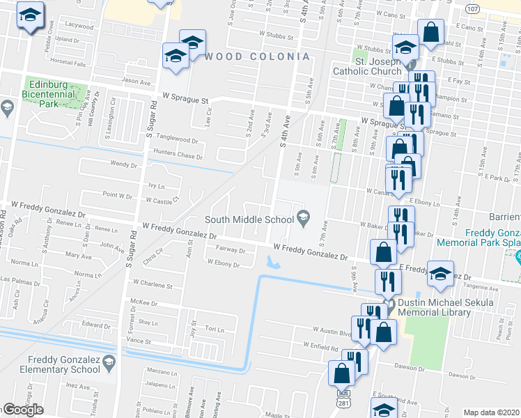 map of restaurants, bars, coffee shops, grocery stores, and more near 1400 South 3rd Avenue in Edinburg