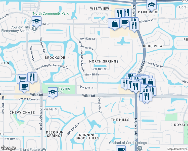 map of restaurants, bars, coffee shops, grocery stores, and more near 9925 Northwest 48th Drive in Coral Springs