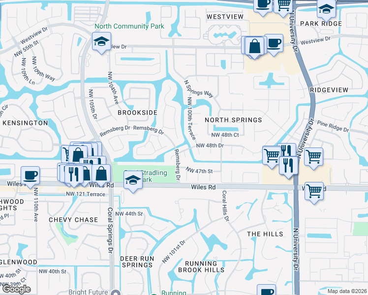 map of restaurants, bars, coffee shops, grocery stores, and more near 4901 Northwest 101st Avenue in Coral Springs