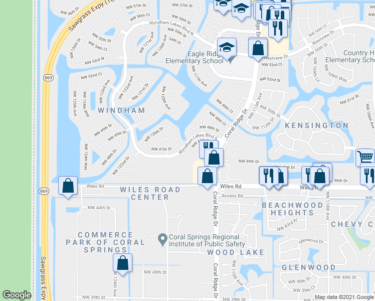 map of restaurants, bars, coffee shops, grocery stores, and more near 11719 Northwest 47th Drive in Coral Springs