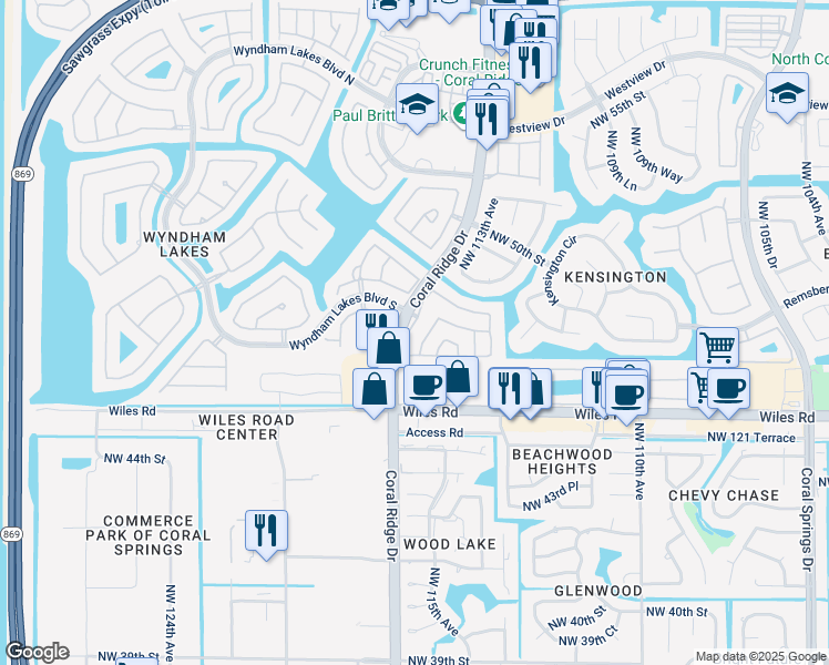 map of restaurants, bars, coffee shops, grocery stores, and more near 4745 Northwest 115th Avenue in Coral Springs