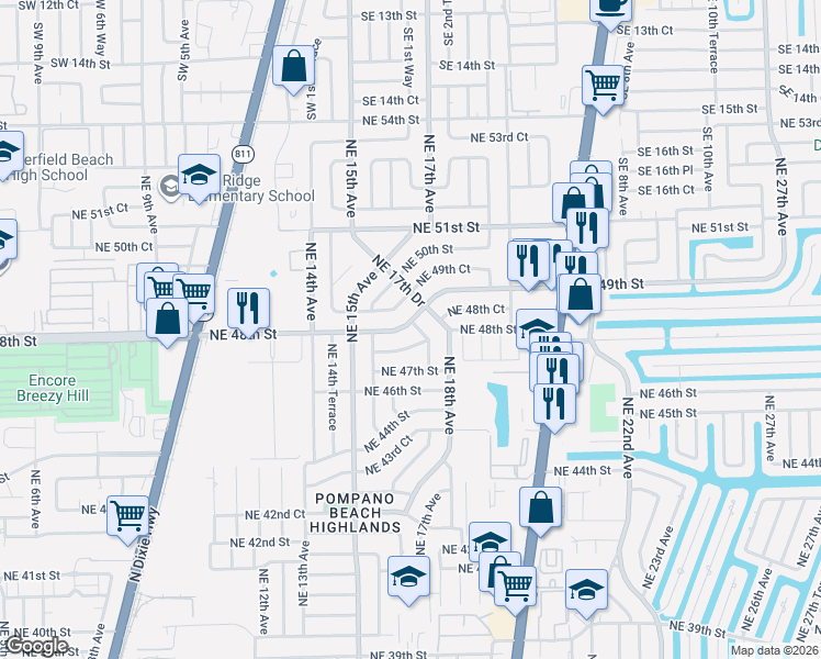 map of restaurants, bars, coffee shops, grocery stores, and more near 1633 Northeast 48th Street in Pompano Beach