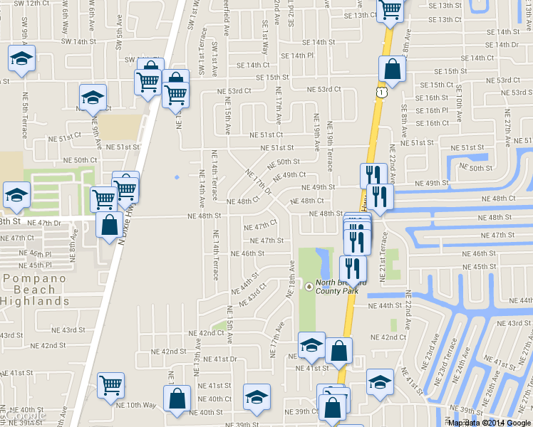 map of restaurants, bars, coffee shops, grocery stores, and more near 1633 Northeast 48th Street in Pompano Beach