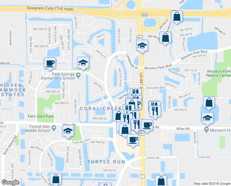 map of restaurants, bars, coffee shops, grocery stores, and more near 5023 Northwest 57th Terrace in Coral Springs
