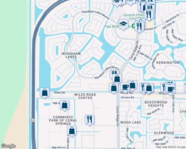 map of restaurants, bars, coffee shops, grocery stores, and more near 12025 Northwest 47th Street in Tamarac